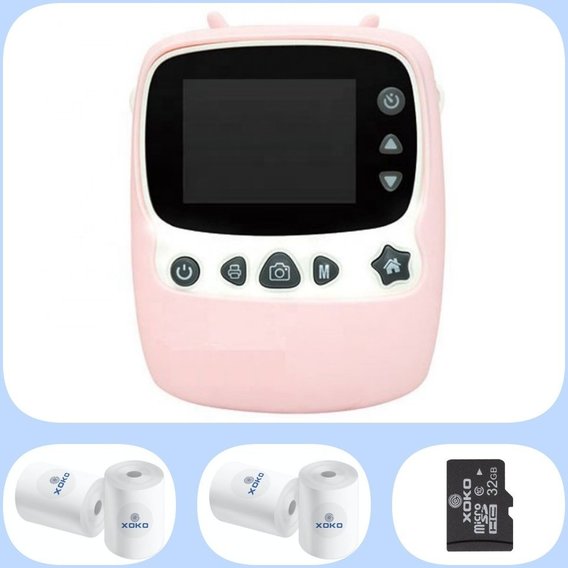 КОМПЛЕКТ! Цифровой детский фотоаппарат-принтер XOKO KVR-1000 розовый + Бумага для печати (4 ШТ) + карта памяти 32GB