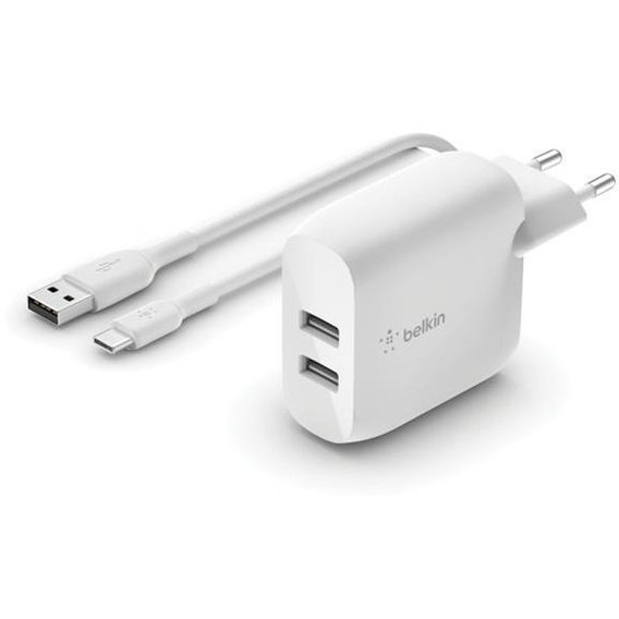 Зарядное устройство Belkin Wall Charger Home 2xUSB 24W with USB-C Cable White (WCE002VF1MWH)