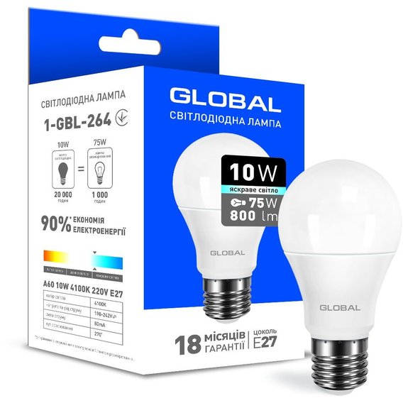 

Светодиодная лампа Global A60 10W 4100K 220V E27 (1-GBL-264)