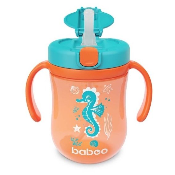 Чашка Baboo Sea Life с силиконовой соломинкой и гравитационным шариком 300 мл оранжевая (8-132)