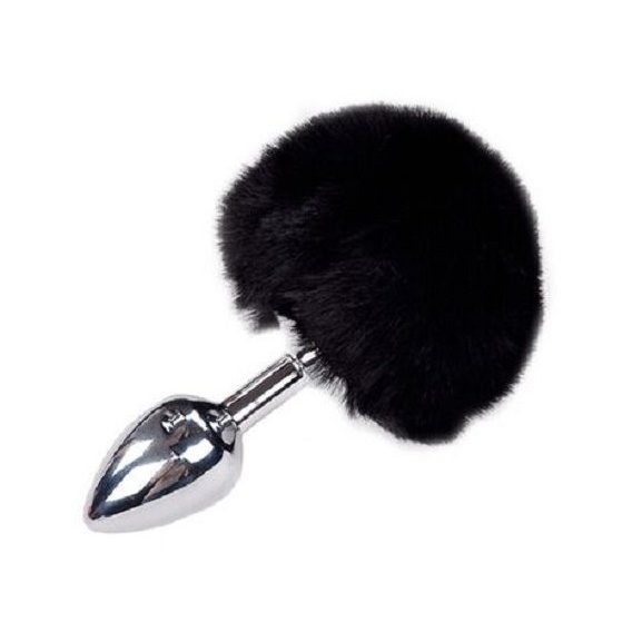 Металлическая анальная пробка Кроличий хвостик Alive Fluffly Plug M Black
