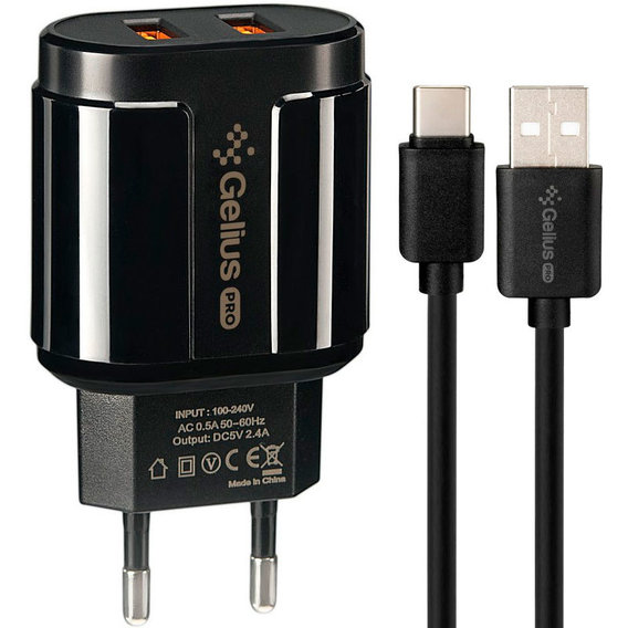 Зарядное устройство Gelius USB Wall Charger 2xUSB Pro Avangard 2.4A with Cable USB-C Black (GP-HC06)