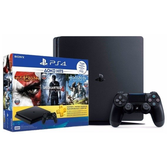 Игровая приставка Sony PlayStation 4 (PS4) Slim 500GB Black (Horizon Zero Dawn, Uncharted 4, God of War, PS Plus 3 Месяца UA регион)