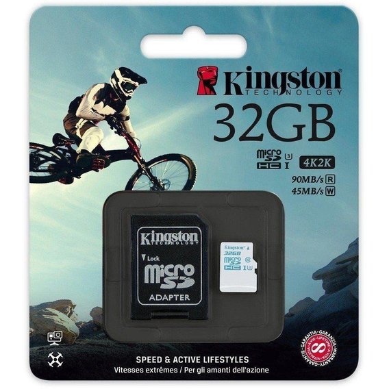 Карта памяти Kingston 32GB microSDHC Class 10 UHS-I U3 + adapter (SDCG/32GB)