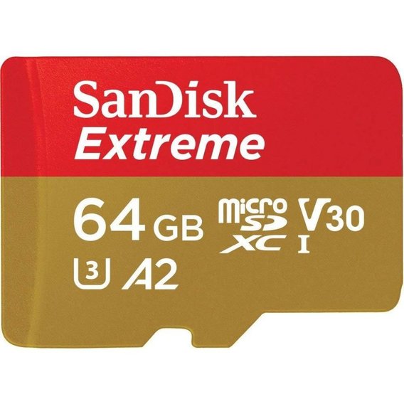 Карта памяти SanDisk 64GB microSDXC Class 10 UHS-I U3 V30 A2 Extreme + adapter (SDSQXA2-064G-GN6MA)