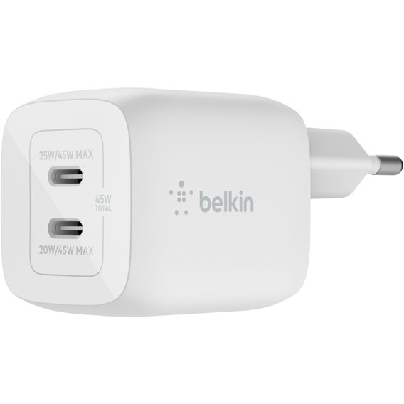 Зарядное устройство Belkin Wall Charger Home 2xUSB-С 45W GaN PD PPS White (WCH011VFWH)