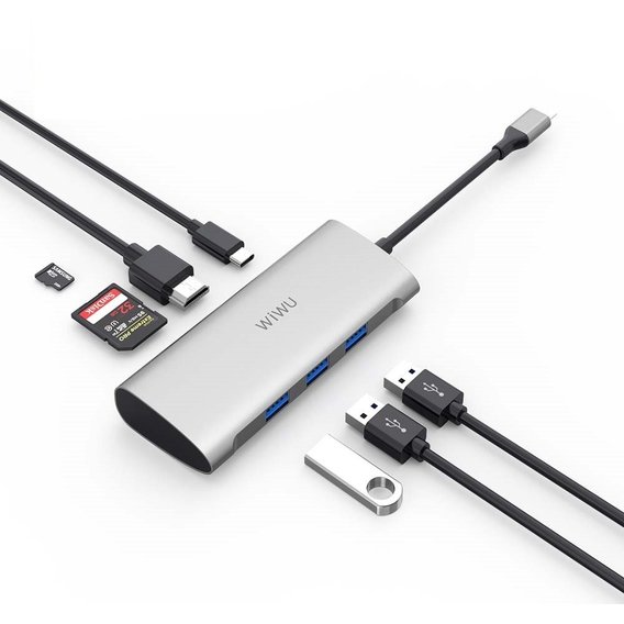 Адаптер WIWU Adapter Alpha 731HP USB-C to USB-C+3xUSB3.0+HDMI+USB-C+SD+TF Card Grey 
