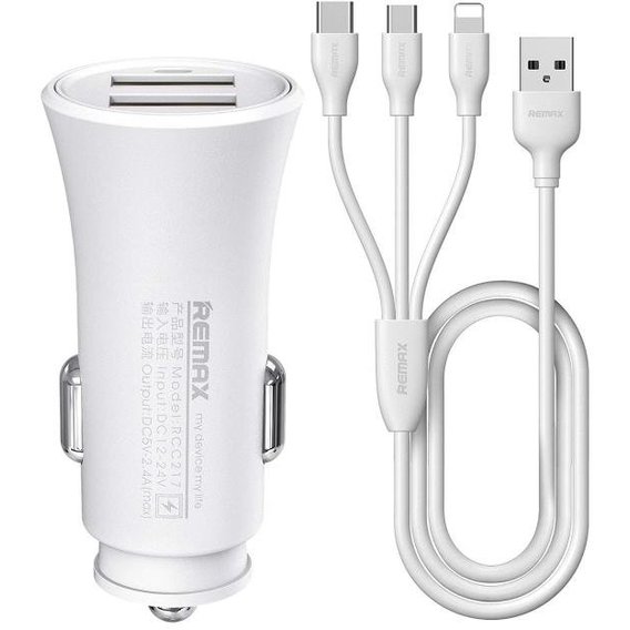 Зарядное устройство Remax USB Car Charger 2xUSB 2.4A with Lightning/USB-C-/microUSB White (RCC-217-WHITE)