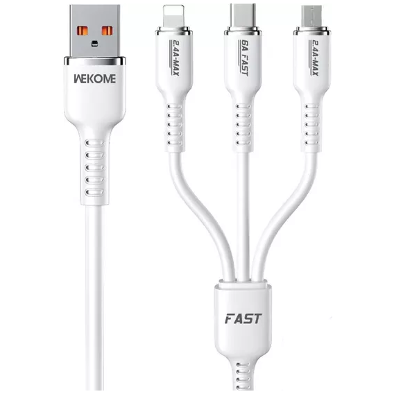 Кабель Wk USB Cable to Micro USB/Lightning/Type-C Tint Series Real Silicon Super Fast Charging 66W White (WDC-07th)