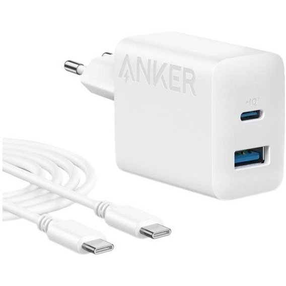 Зарядное устройство ANKER Wall Charger USB-C+USB-A PowerPort 312 20W with USB-C Cable White (B2348G21)