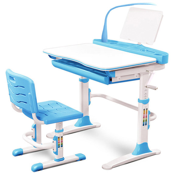 Комплект Evo-kids (стул+стол+полка+лампа) Evo-19 BL (Blue) с лампой - столешница белая / цвет пластика голубой