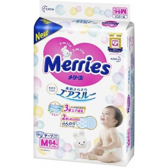 Подгузники Merries для детей M 6-11 кг 64 шт (4901301230843)