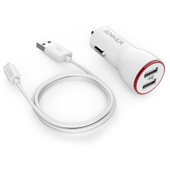 Зарядное устройство ANKER USB Car Charger PowerDrive 2 24W + micro USB 0.9m V3 White (B2310H21)