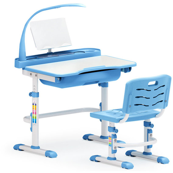 Комплект Evo-kids (стул+стол+полка+лампа) Evo-17 BL (Blue) с лампой - столешница белая / цвет пластика голубой