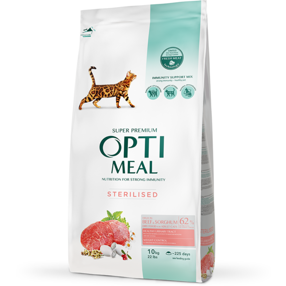 Сухой корм Optimeal Sterilised cats для стерилизованных кошек и кастрированных котов, с говядиной и сорго 10 кг (4820215364355)
