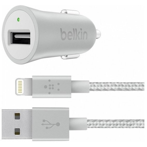 Зарядное устройство Belkin USB Car Charger 2.4A with Lightning Cable 1.2m Silver (F8J186BT04-SLV)