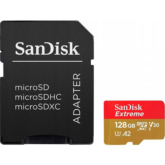 Карта памяти SanDisk 128GB microSDXC Class 10 UHS-I U3 V30 A2 Extreme for Action Cams and Drones (SDSQXAA-128G-GN6AA)