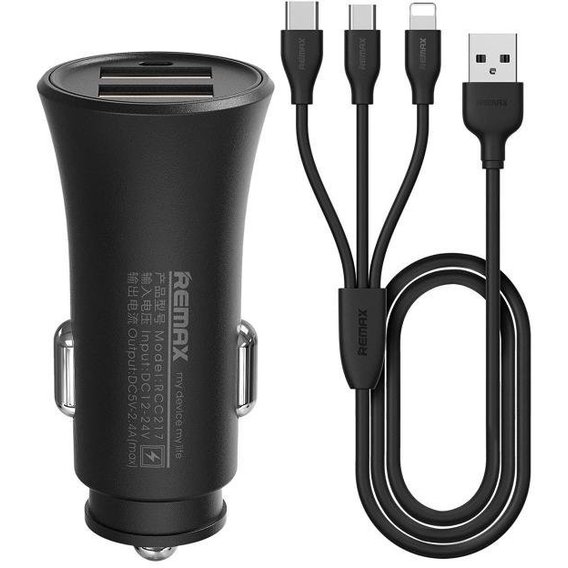 Зарядное устройство Remax USB Car Charger 2xUSB 2.4A with Lightning/USB-C-/microUSB Black (RCC-217-BLACK)