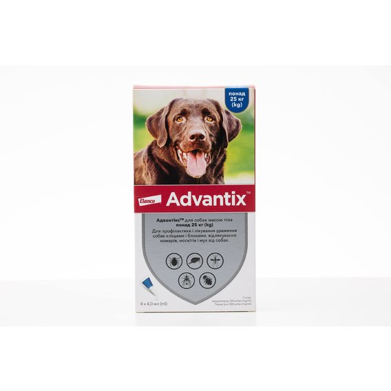 Краплі Bayer/Elanco Advantix для собак більше 25 кг від заражень екто паразитами 4 піпетки/1 уп. (4007221047254)