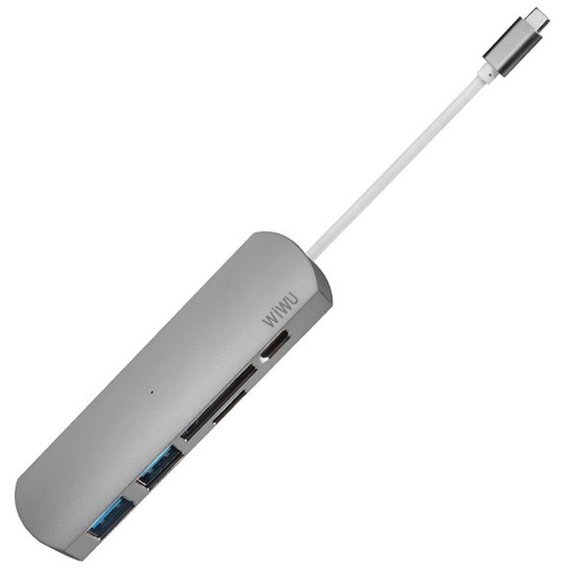 Адаптер WIWU Adapter T2 Plus USB-C to USB-C+microSD+SD+2xUSB3.0 HUB Gray (TCH02-PDGR)