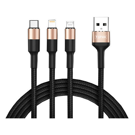 Кабель T-PHOX USB Cable to Lightning/microUSB/USB-C 3A 1.2m Black/Gold (T-F815 Mix Black/Gold)