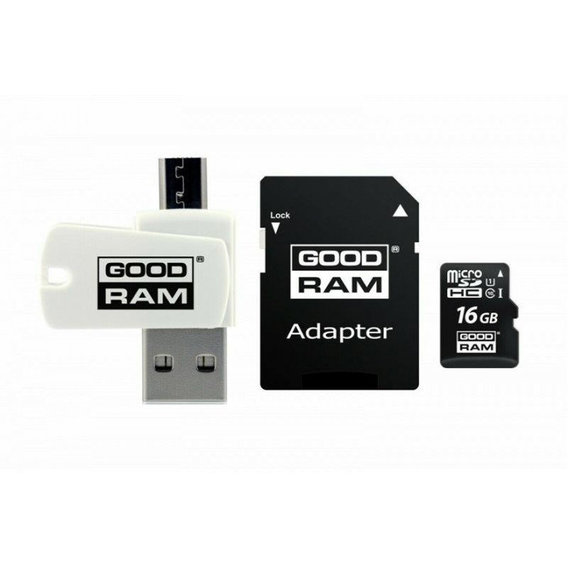 Карта памяти GOODRAM 16GB microSDHC Class 10 USH-I U1 + SD adapter + USB reader (M1A4-0160R12)
