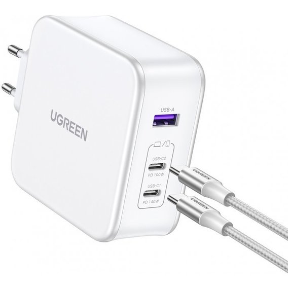Зарядное устройство Ugreen Wall Charger 2xUSB-C+USB CD289 GaN 140W with USB-C Cable White (15339)