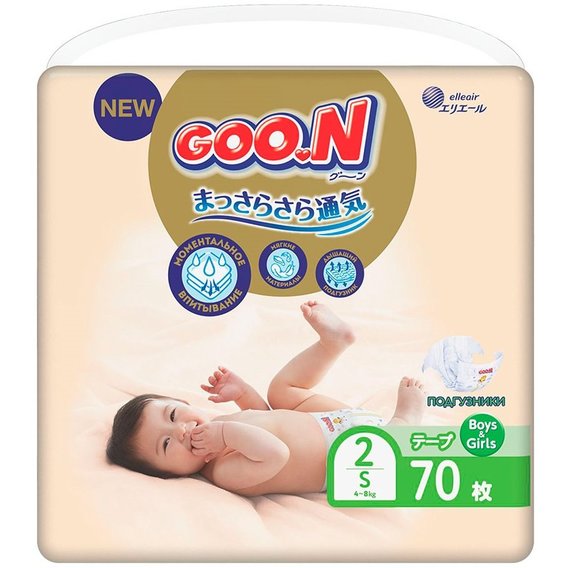 Подгузники Goo.N Premium Soft для детей 4-8 кг, 2 (S), 70 шт
